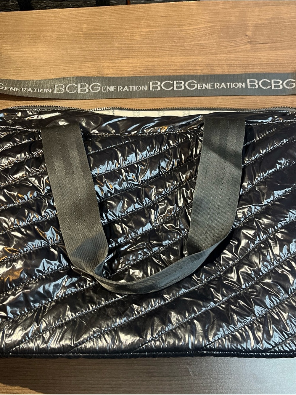 BCBGeneration Shiny Black Quilted Tote with Logo Strap